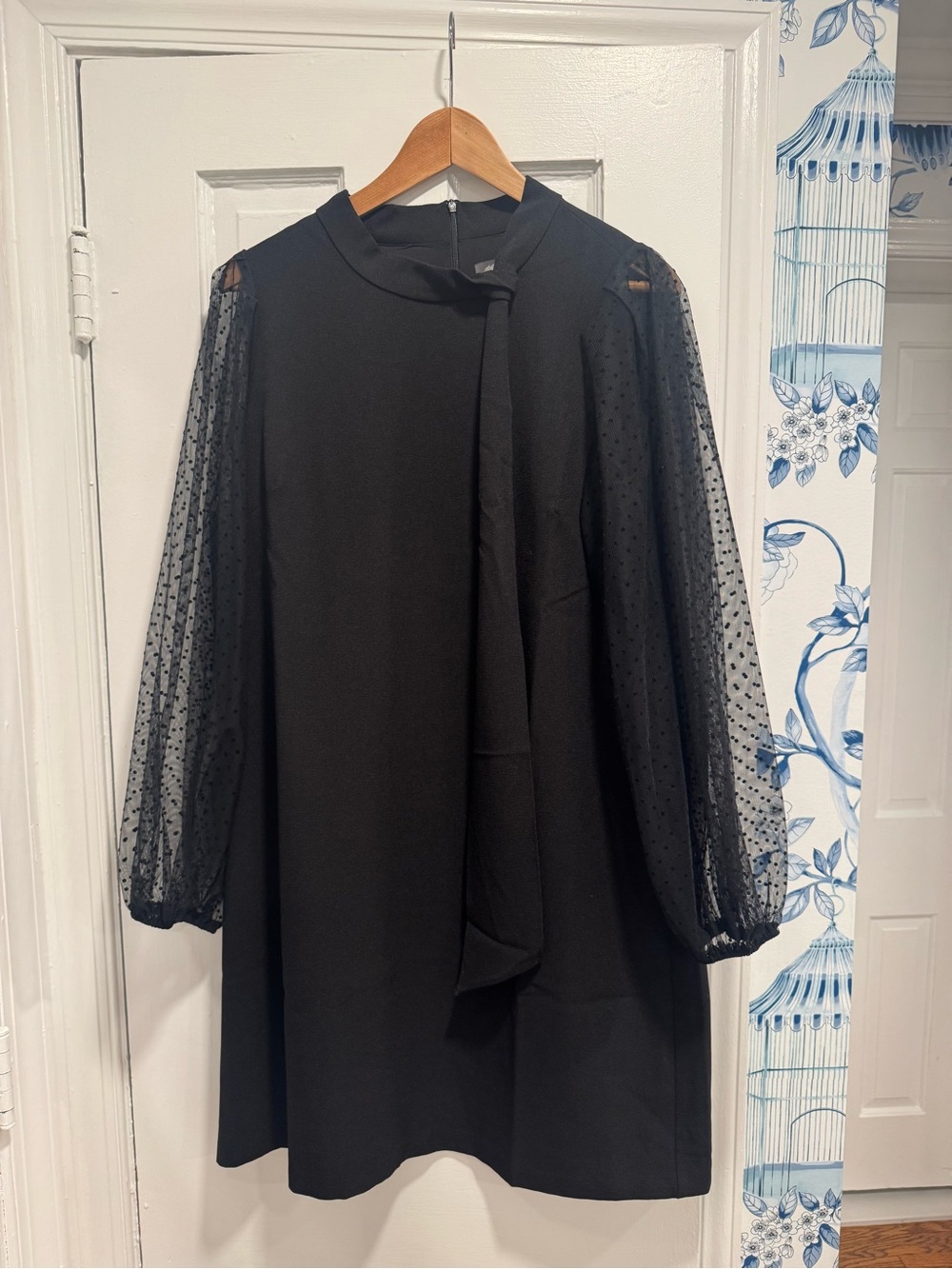 Black Mesh-Sleeve Tie-Neck Dress